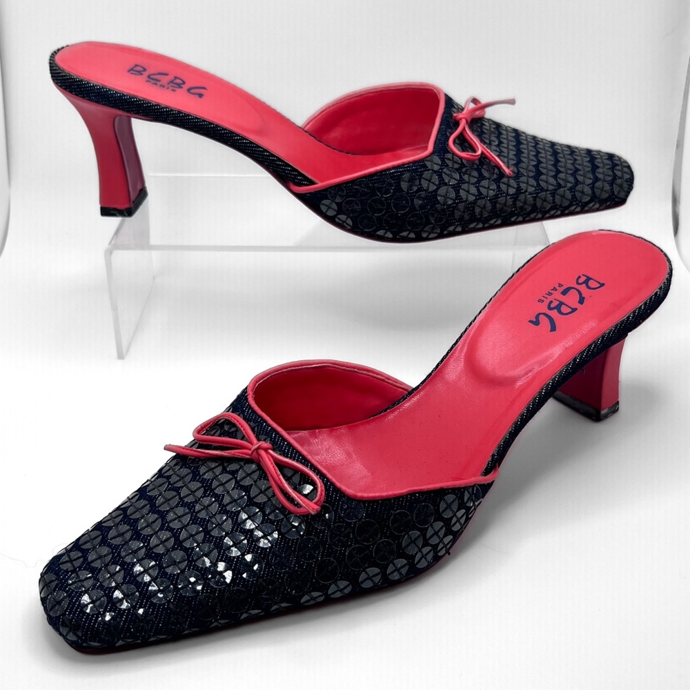 Vintage BCBG Paris Sequin and Denim with Red Accent Slip on Heels Size 9